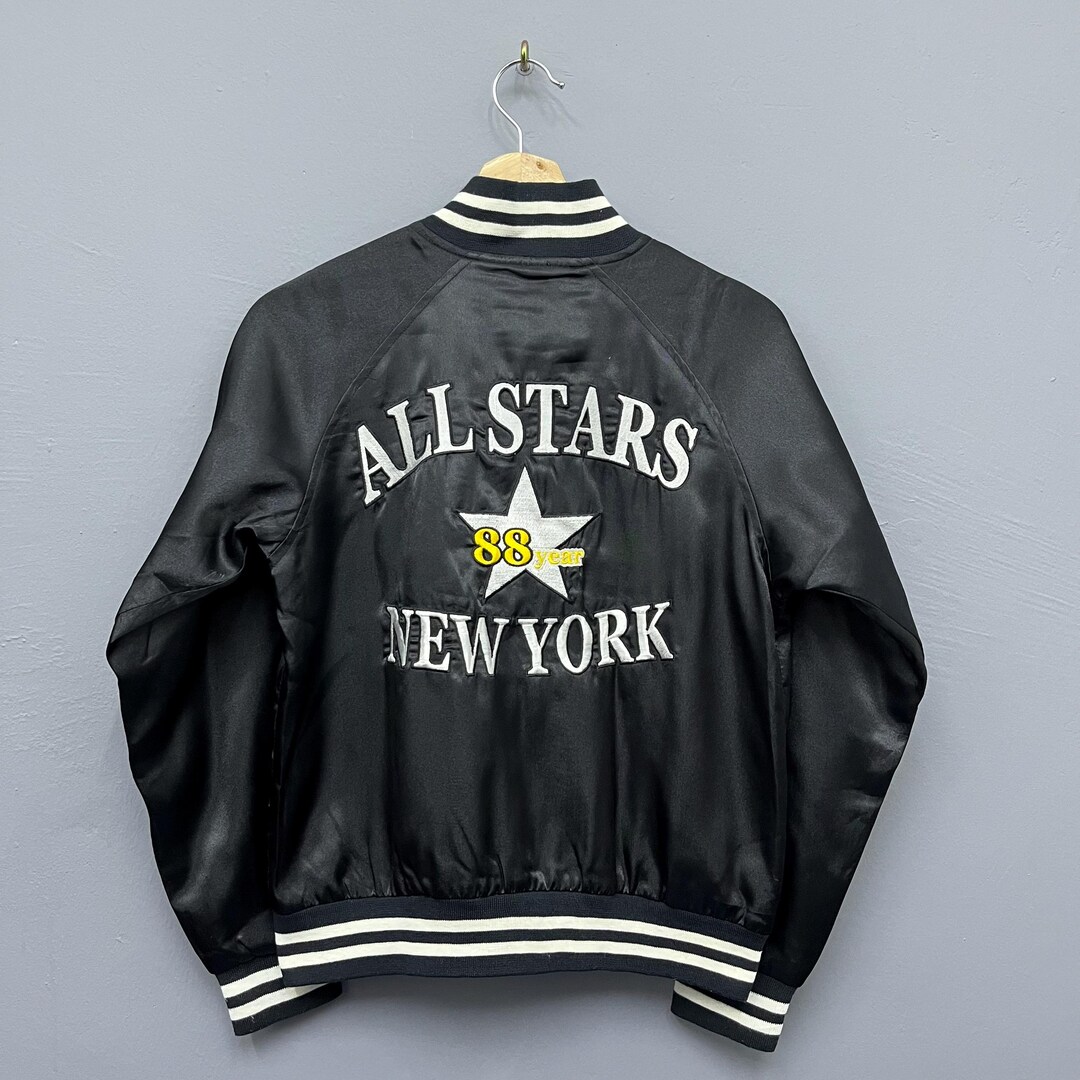 All Stars New York Black Satin Varsity Bomber Jacket Size XS - Etsy