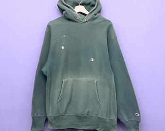 Distressed Vintage 90s Champion Reverse Weave Small Logo Embroidered Green Hoodie Size M Made in USA