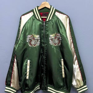 Vintage Dragon Embroidered Sukajan Jacket Green Satin Japanese Souvenir Bomber XL