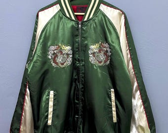 Vintage Dragon Embroidered Sukajan Jacket Green Satin Japanese Souvenir Bomber XL