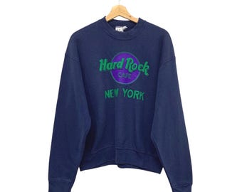 Sudadera vintage de cuello redondo del Hard Rock Cafe de Nueva York, azul marino de los 90, jersey con gráfico HRC NYC, estilo retro urbano, talla M