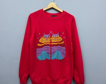 Vintage 80s Laurel Burch Twin Cats Art Raglan Crewneck Sweatshirt Size M Pullover Sweater