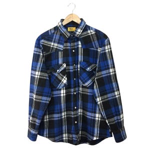 Vintage 80s Work N Sport Made in Usa Pearl Snap Blue Checekred  Flannel Shirt Size Large