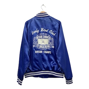 Vintage 90s Early Bird Club 8 Ball Assn Varsity Blue Satin Bomber Jacket Size XL