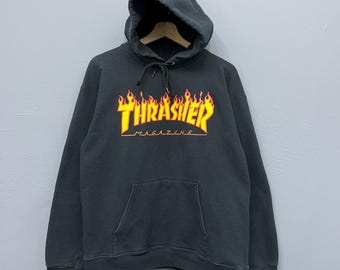 90s 00s Vintage Thrasher Skateboard Magazine Flames Black Hoodie
