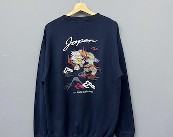 Vintage Sukajan Japan Embroidered Crewneck Sweatshirt Size XL Dragon The World Collection Pullover Sweater
