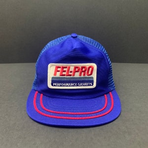 Vintage 80s Fel-Pro Performance Gaskets Blue Mesh Snapback Trucker Hat Red Line Brim