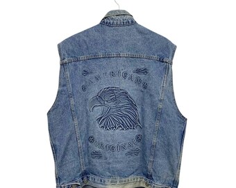 Vintage 90s American Original Eagle Embossed Vest Denim Jacket Size L - Made in Usa