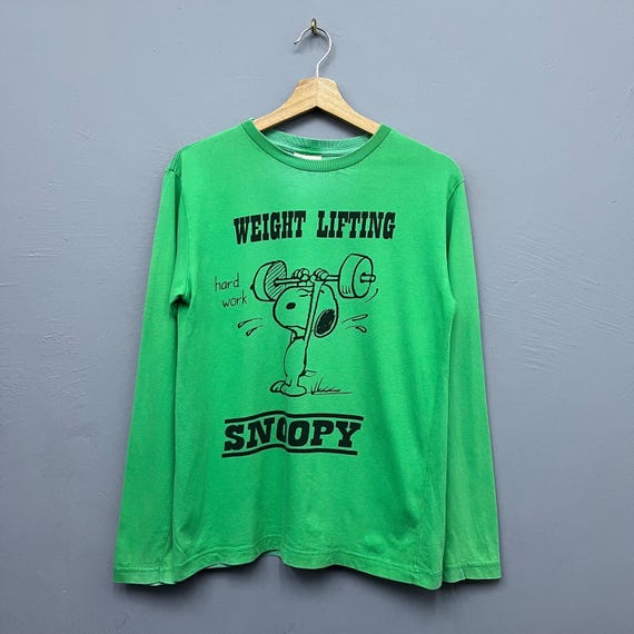 Vintage Snoopy Weight Lifting Long Sleeve  T-Shirt Size S Retro Peanuts Gym Graphic Tee