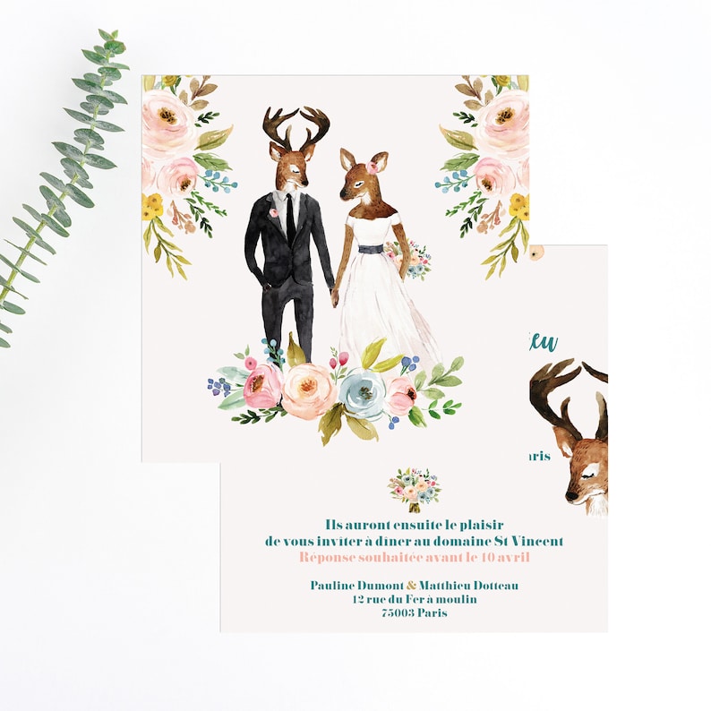 Deers wedding invitations watercolor