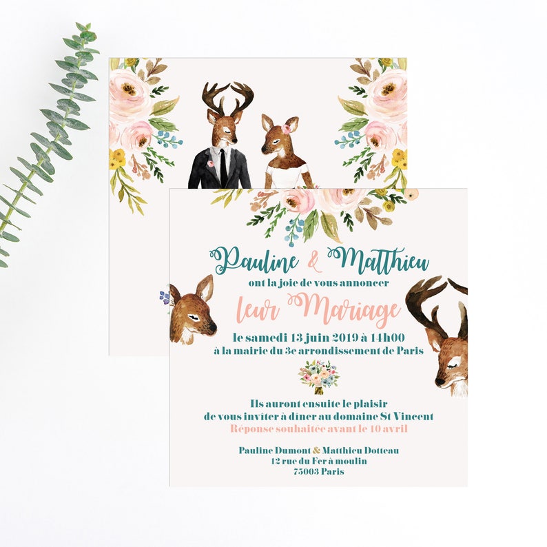 Deers wedding invitations watercolor