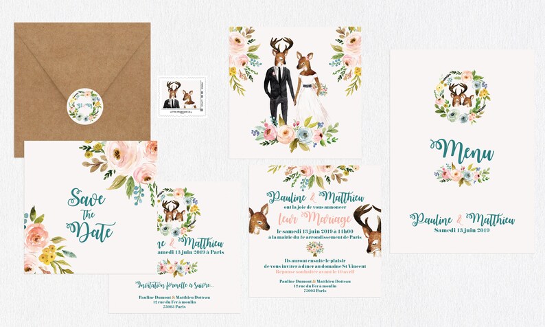 Deers wedding invitations watercolor
