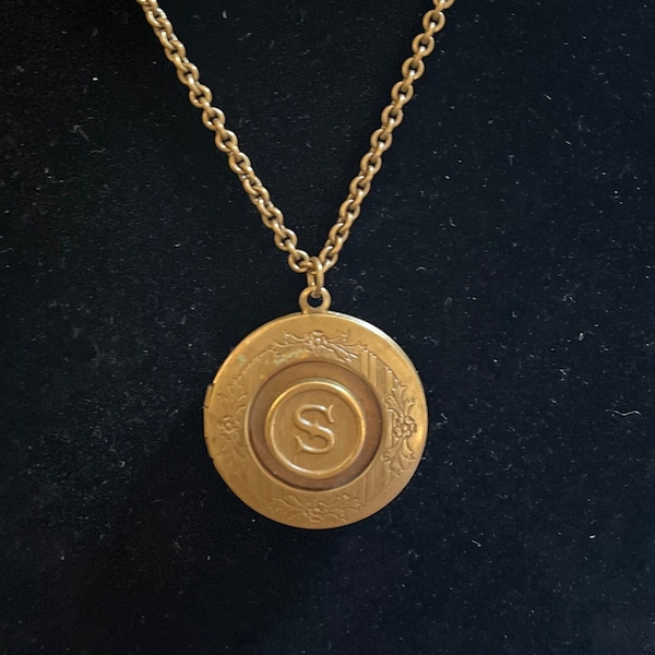 Initial S Bronze Tone Locket Necklace