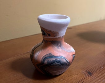 Small Nemadji Pottery Vase - Beige with Brown, Rust, and Orange Swirls - U.S.A.