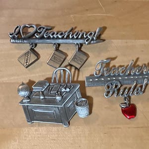 3 JJ Jonette Teacher&#39;s Brooches - 3 JJ Pewter Teacher Pins