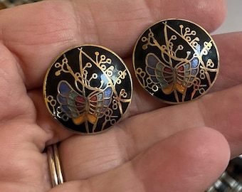 Black, Blue and Pink Butterfly Cloisonné Pierced Earrings - Cloisonne Push Back Earrings