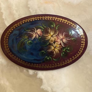 Hand Painted Floral Brooch - Russia - Oval Hand Painted Brooch - Signed by Artist