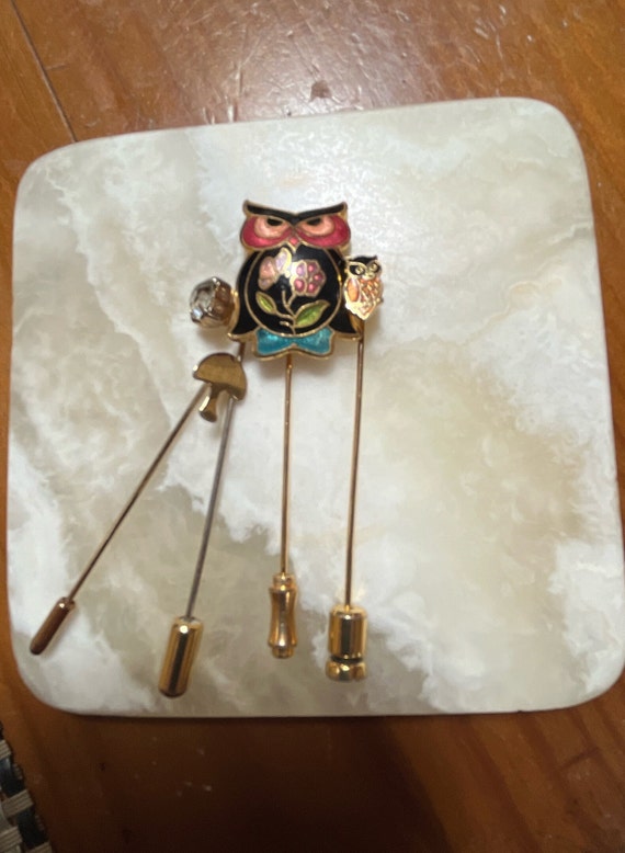 Set of 4 Vintage Gold Tone Stickpins - Owls, Diam… - image 2