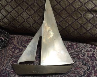 Large Solid Brass Sailboat Paperweight - Brass Boat Desk Ornament