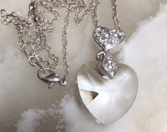Vintage Silver Tone Crystal Heart Pendant Necklace