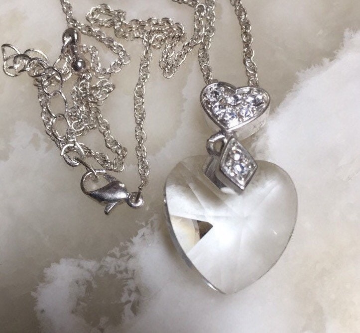 Vintage Silver Tone Crystal Heart Pendant Necklace - Etsy