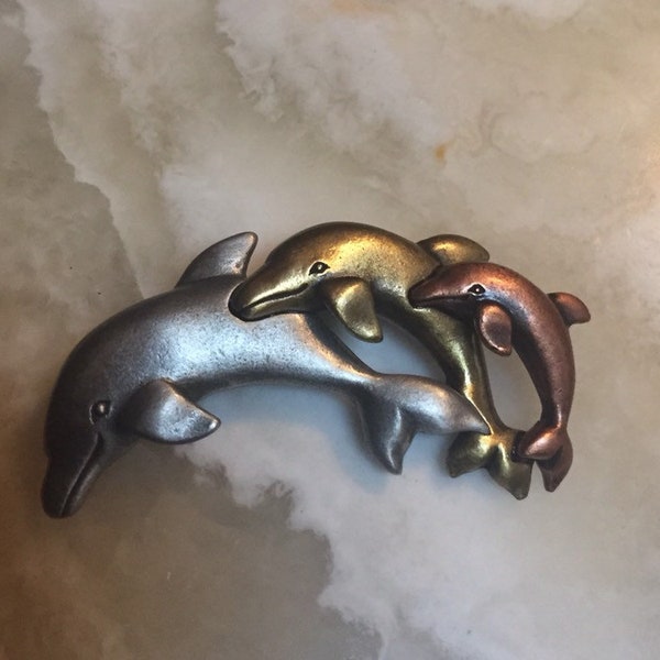 L. Razza Tri Colored Dolphin Brooch -  3 Dolphins Pin - Trio of Dolphins Pin