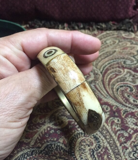 2 Brown and Beige Bone Inlaid Brass Bangles - image 3