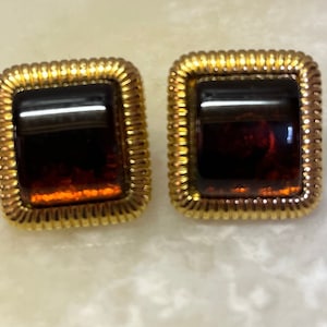Avon Faux Amber Gold Tone Pushback Earrings - Avon Square Cabochon Pushback Earrings