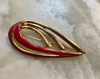 Trifari Red Enameled Gold Tone Brooch