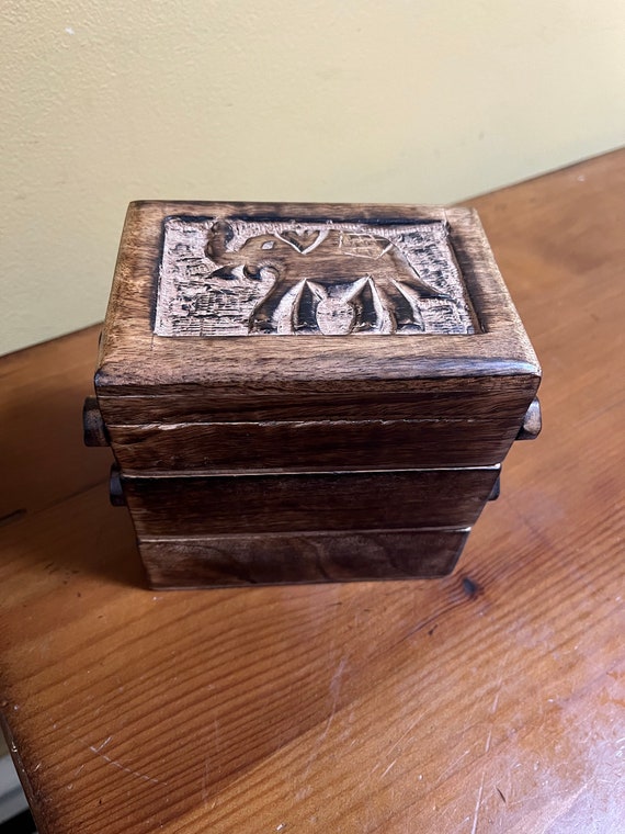 Vintage Wooden 3 Compartment  Jewelry Box