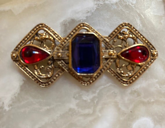 Large Victorian Style Bar Brooch - Blue Stone wit… - image 1