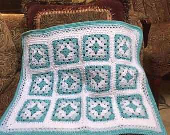 Crocheted Shades of Blue Granny Baby Blanket - Hand Made Baby Afghan