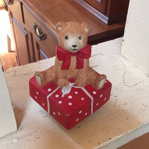 Schmid Bear Wrapping Present  Music Box - Plays &quot;All I Do Is Think of You&quot; - Gordon Fraser Music Box - 1983