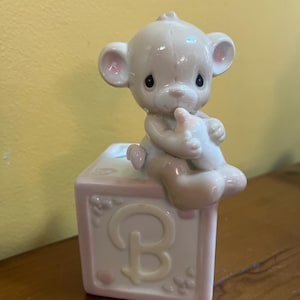 Enesco Ceramic Precious Moments Baby Bank - Bear Sitting on Baby Block