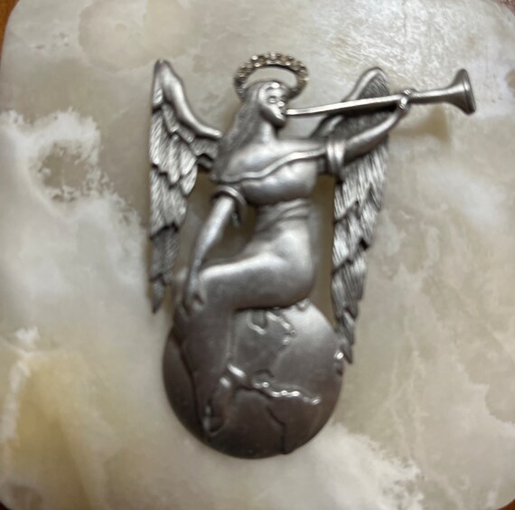 JJ Pewter Angel Brooch - Sitting on top of the wo… - image 1