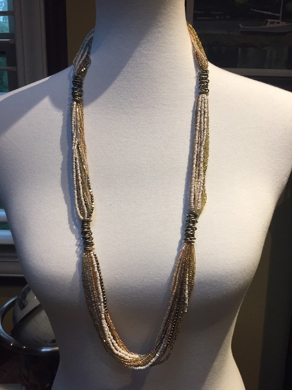 Ann Taylor Loft Multi Strand Necklace Beige White and Gold Tone