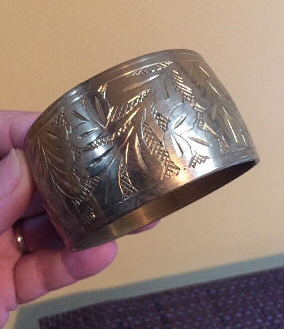 Vintage Chunky Brass Bangle Wide Embossed Brass Ban… Gem
