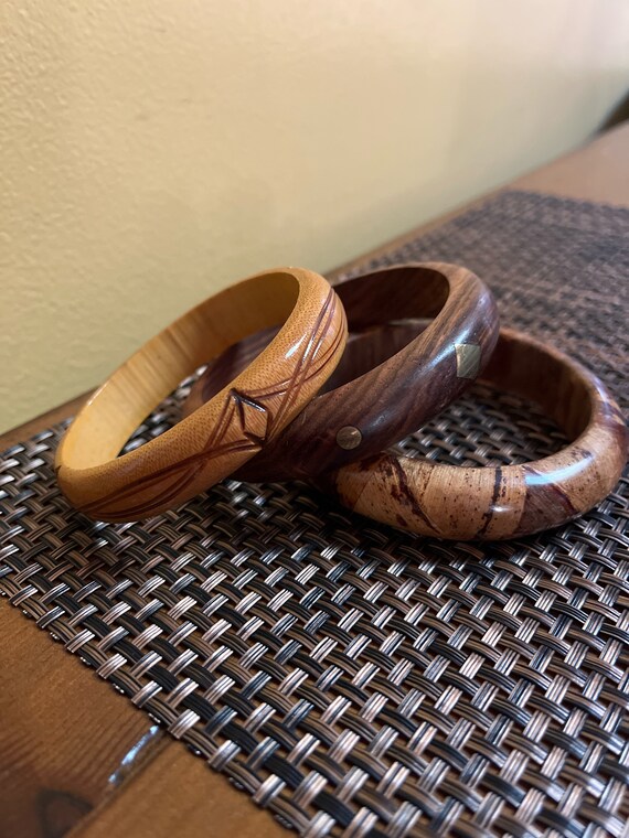 3 Vintage Brown Wooden Bangles - image 1