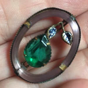 Vintage Czechslovakian Oval Pin - Czech Green Tear Drop Stone Oval Brooch
