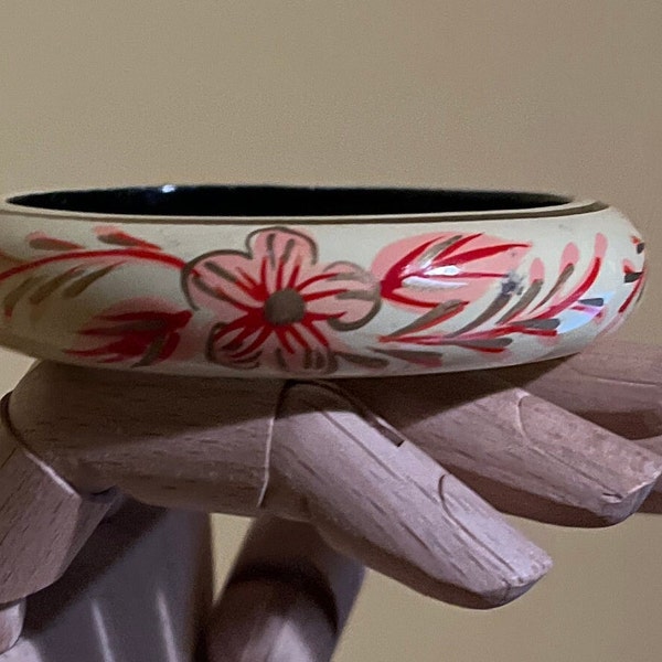 Painted Beige Wooden Bangle with Pink, Red, and Gold Accents - Floral Painted Bangle