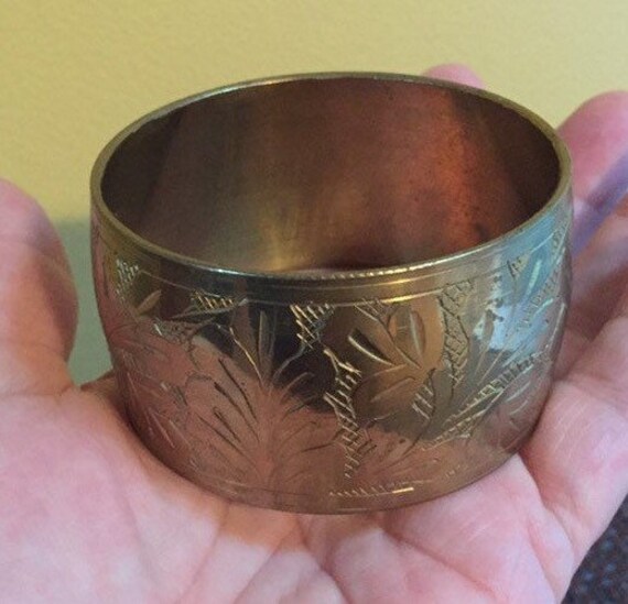 Vintage Chunky Brass Bangle Wide Embossed Brass Ban… Gem