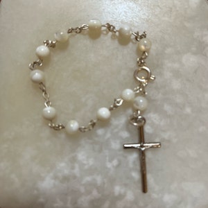 Vintage Silver Tone Mother of Pearl Rosary Bracelet