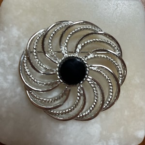 Sarah Coventry Silver Tone Open Work Floral Brooch with Black Center