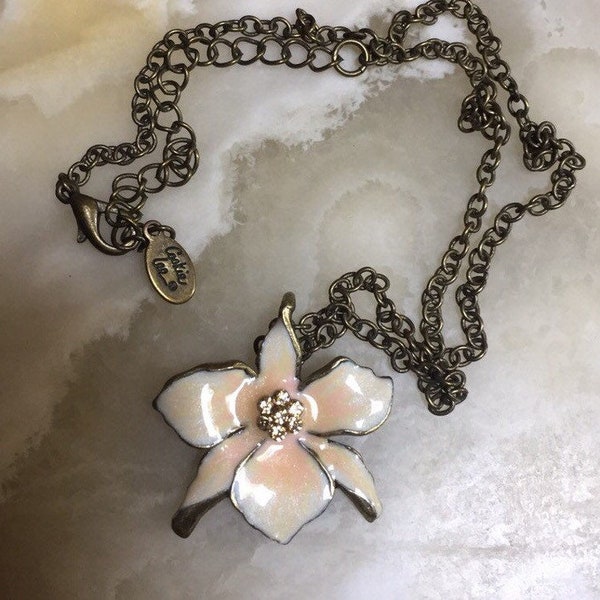 Cookie Lee Cloisonne White Orchid Pendant - Cookie Lee Enameled White Orchid Necklace