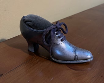 Vintage Lady's Shoe Pincushion - Grey Metal Woman's Shoe Pincushion