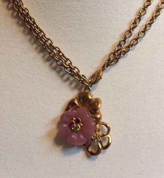 T Tahari Pink Flower Gold Tone Pendant 