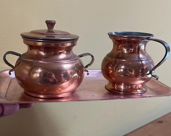 Vintage Copper Sugar Bowl, Creamer and Tray - Portugal