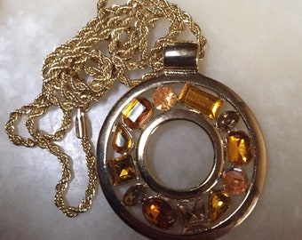 RMN Gold Tone and Yellow Rhinestone Pendant - RMN Rhinestone Necklace