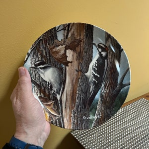 May include: A ceramic plate with a woodland scene featuring two birds, a woodpecker and a nuthatch, perched on a tree trunk. The plate is decorated with brown, green, and white colors and has the artist's signature "Kevin Daniel" in the bottom right corner.