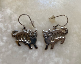 Silver Tone Cat Earrings - Cat Dangle Earrings